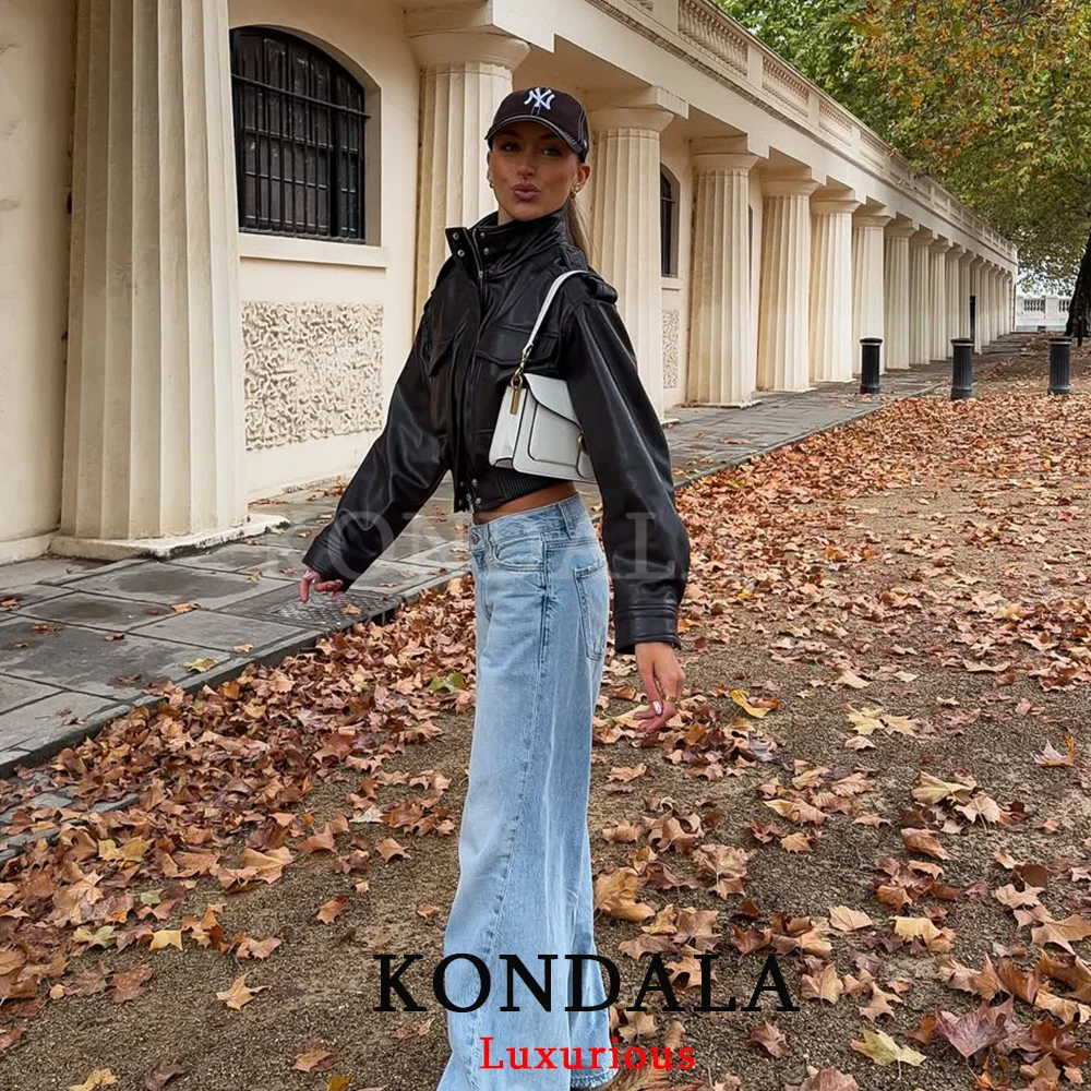 Kondala casual chique jaquetas bomber de couro preto feminino manga longa bolsos zíper botões casaco moda 2025 outono inverno jaqueta