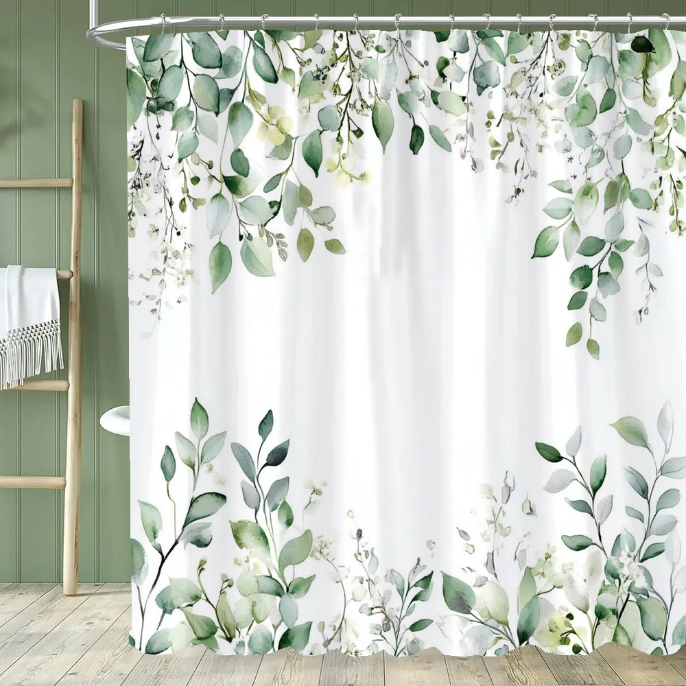 1pc Plant leaves Shower Curtain Fresh Plants and Flowers Bathroom Contain Decoration Printed Polyester Fabric Contains 12 Hooks