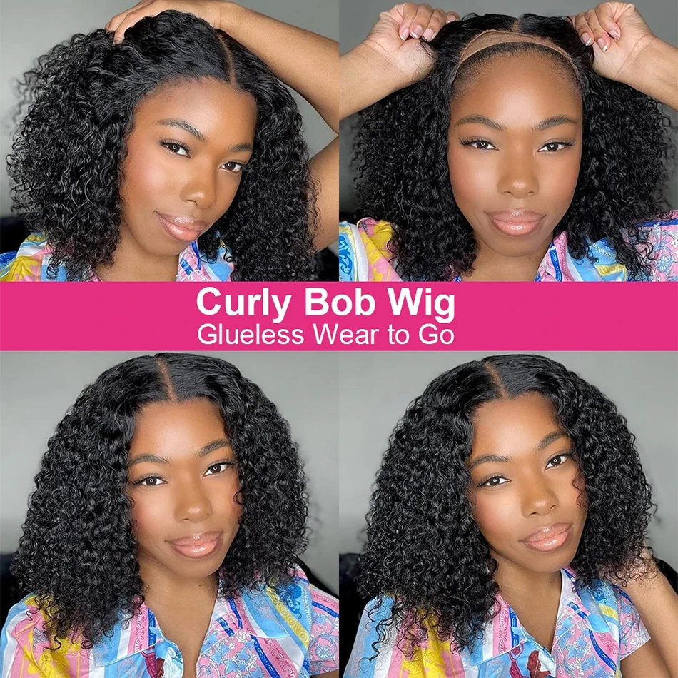 Glueless Kinky Curly Bob Wigs Brazilian Lace Front Human Hair Wigs Ready To Go 13x4 Water Wave Lace Frontal Wigs Deep Curly Wigs