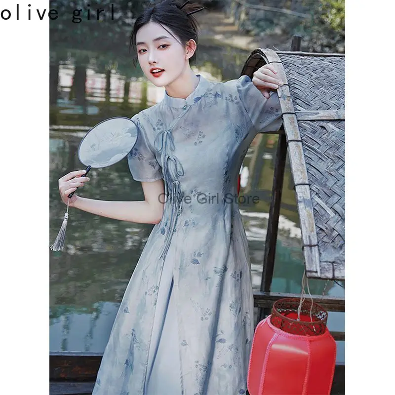 فستان صيني تقليدي محسّن شيونغسام للفتيات الصغيرات بدلة شاي صيفية مكونة من قطعتين فستان على الطراز الصيني تشيباو