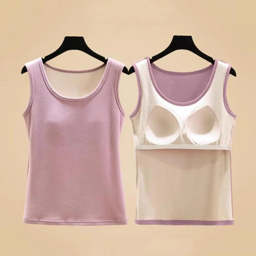 Slim Fit Vest Solid Color Tank Top with Chest Pads High Elasticity Thermal Underwear Comfortable Slim Fit Bottoming for Women