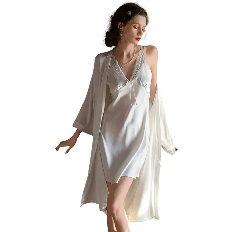 Feminino twinset robe conjunto casa roupas sexy suspender camisola lingerie íntima primavera verão nova seda gelo sleepwear loungewear