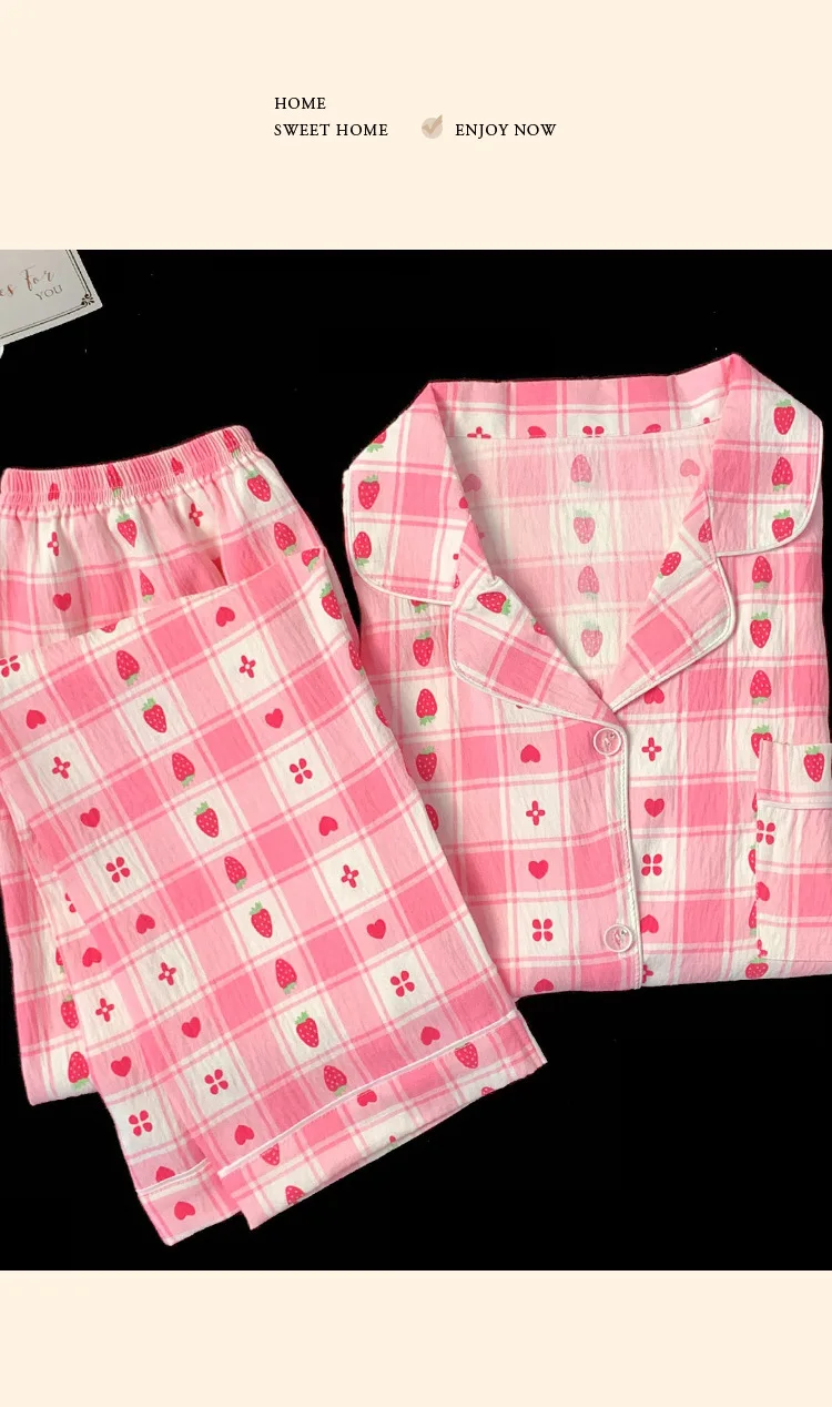 Erdbeer-Pyjama für Damen, langärmelig, Loungewear, Nachtwäsche in Übergröße, Damen-Nachtwäsche, kariertes, gestreiftes, herzförmiges Muster – Detail 10