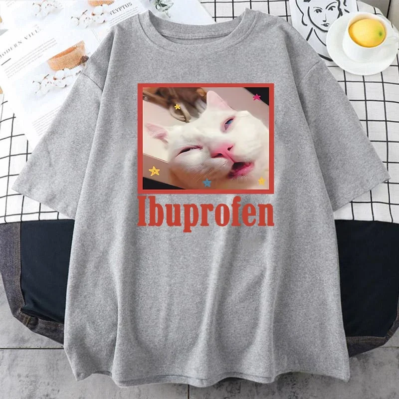 Ibuprofen القط ميمي التي شيرت لطيف القط عاشق القطن تي شيرت عادية مضحك تي شيرت للجنسين المتضخم التي شيرت المحملة مضحك القط الجرافيك المحملة