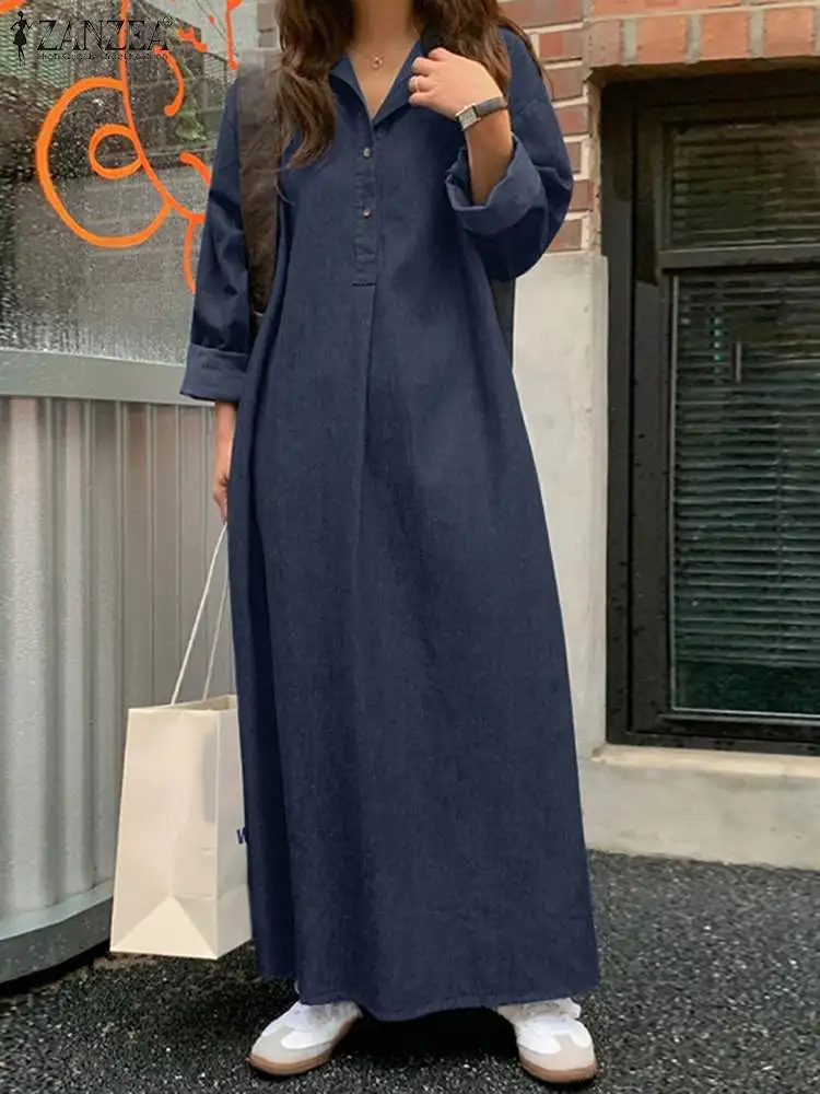 ZANZEA Vintage Denim Blue Dresses For Women 2023 Spring Long Shirt Dress Oversize Long Sleeve Casual Loose Buttons Up Vestidos