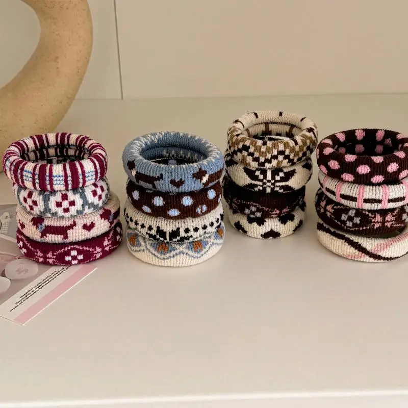 4 pièces/ensemble cordes à cheveux élastiques motif ethnique bandeau pour femmes haute élastique pour queue de cheval chouchous élastique accessoires de cheveux