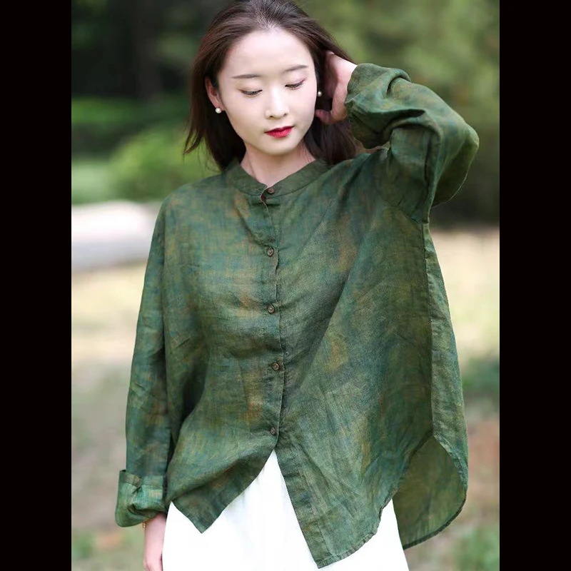 

2025 Spring Summer Arts Style Women Single Breasted Loose Casual Shirts 100% Ramie Vintage Blouse Female Tops Good Quality TJ37
