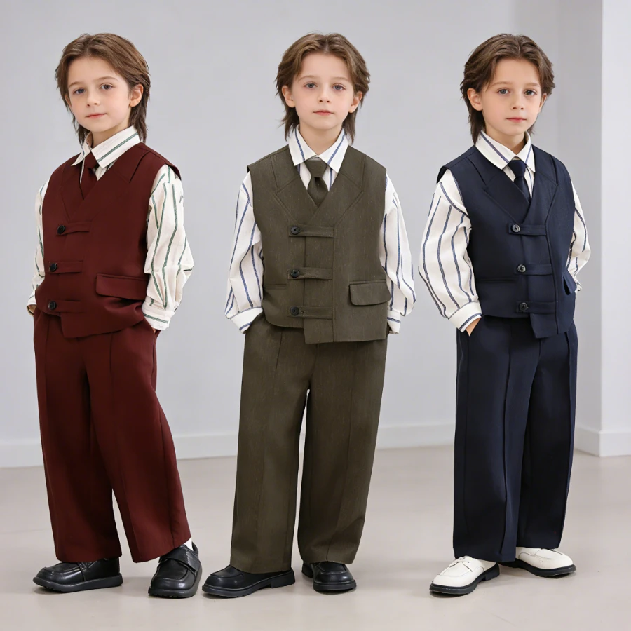 Boys Formal Suit Set 4 Piece School Kids Vest Shirt Pants Tie Gentleman Outfit for Wedding Party Birthday Photoshoot 2-12 Years