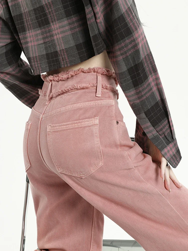 High Street Pink Jeans Women Tassel High Waisted Soft Denim Lady Straight Leg Pants Streetwear Vinatge Y2k Jean Mom Summer