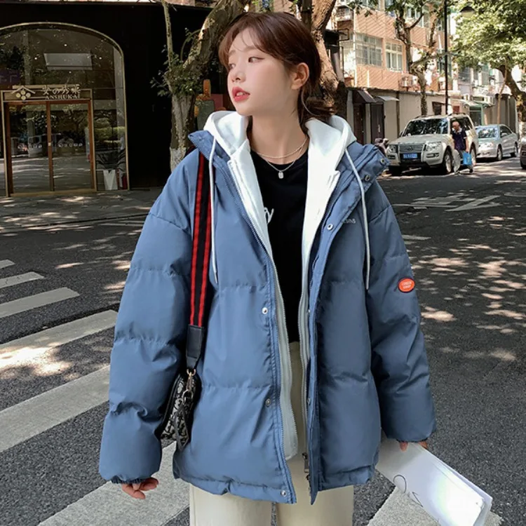 2025 Winter Down Cotton Jacket Women's New Thickened Korean Edition Fake Two Piece Loose Hooded Coat Cotton Coat Cotton Coat