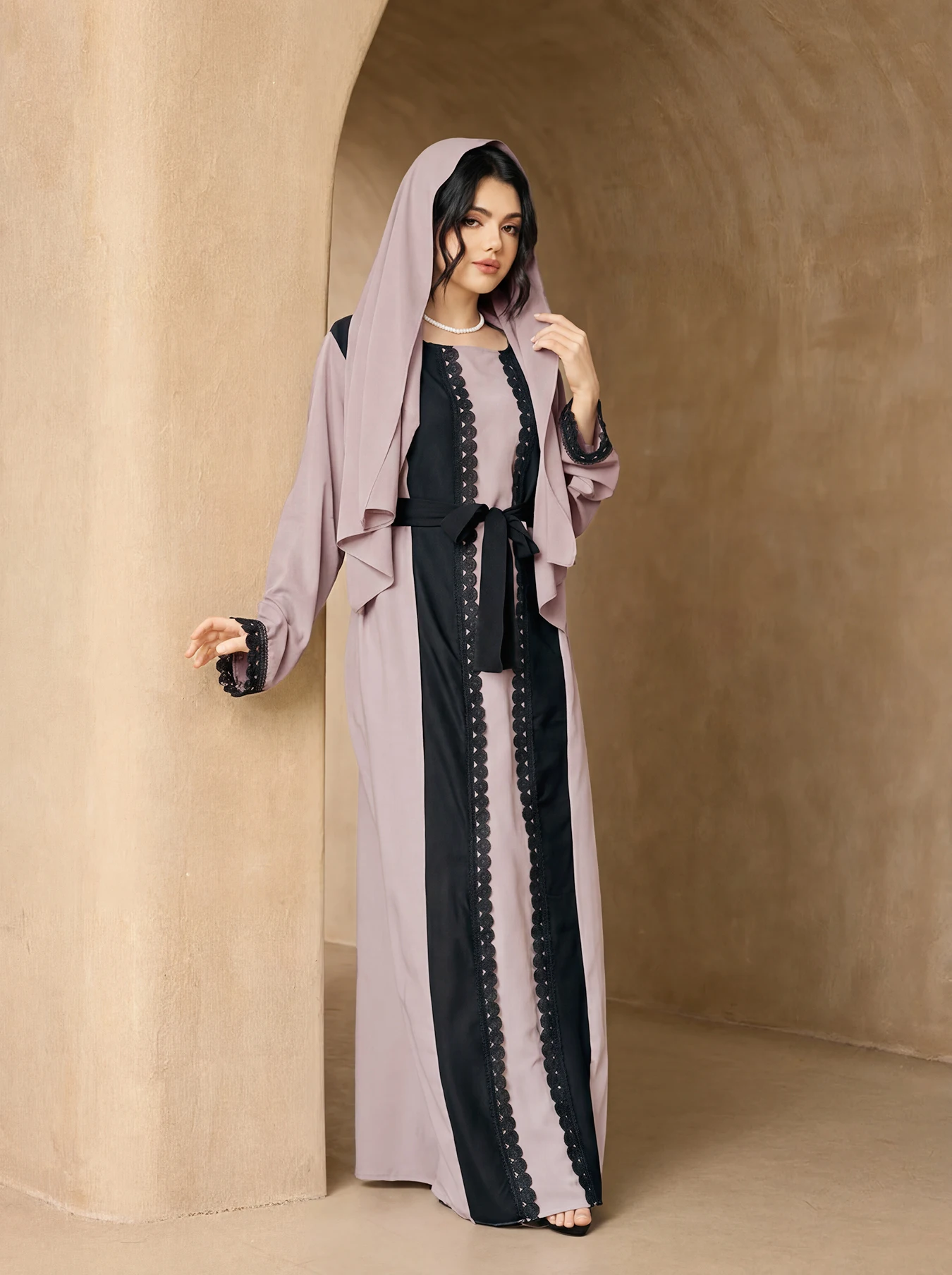 Black Lace Panel Open Abaya 3pcs Matching Hijab Belt Set, Flare Sleeve Modest Long Maxi Outfit for Muslim Ladies Eid Wear view 5