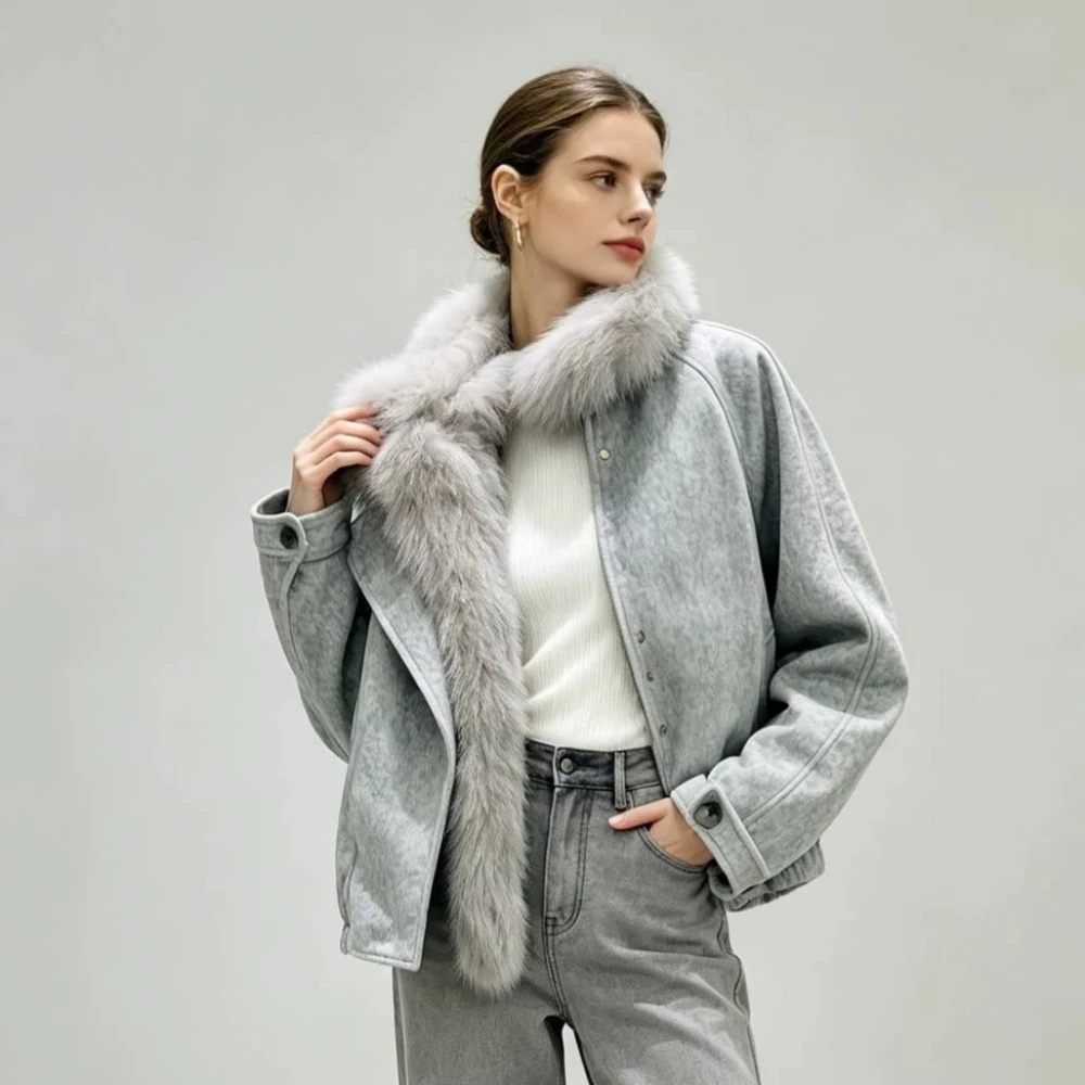 Women’s Cropped Oversized Winter Jacket Fur Collar Drop Shoulder Short Coat Casual Urban Streetwear Outerwear for Fall Winter