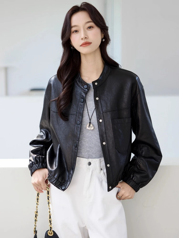 Oネックカジュアル本革ジャケット レディース 春秋 2025 高級 シンプル ソフトオイルワックス ブラック ショート 本革シープスキンコート