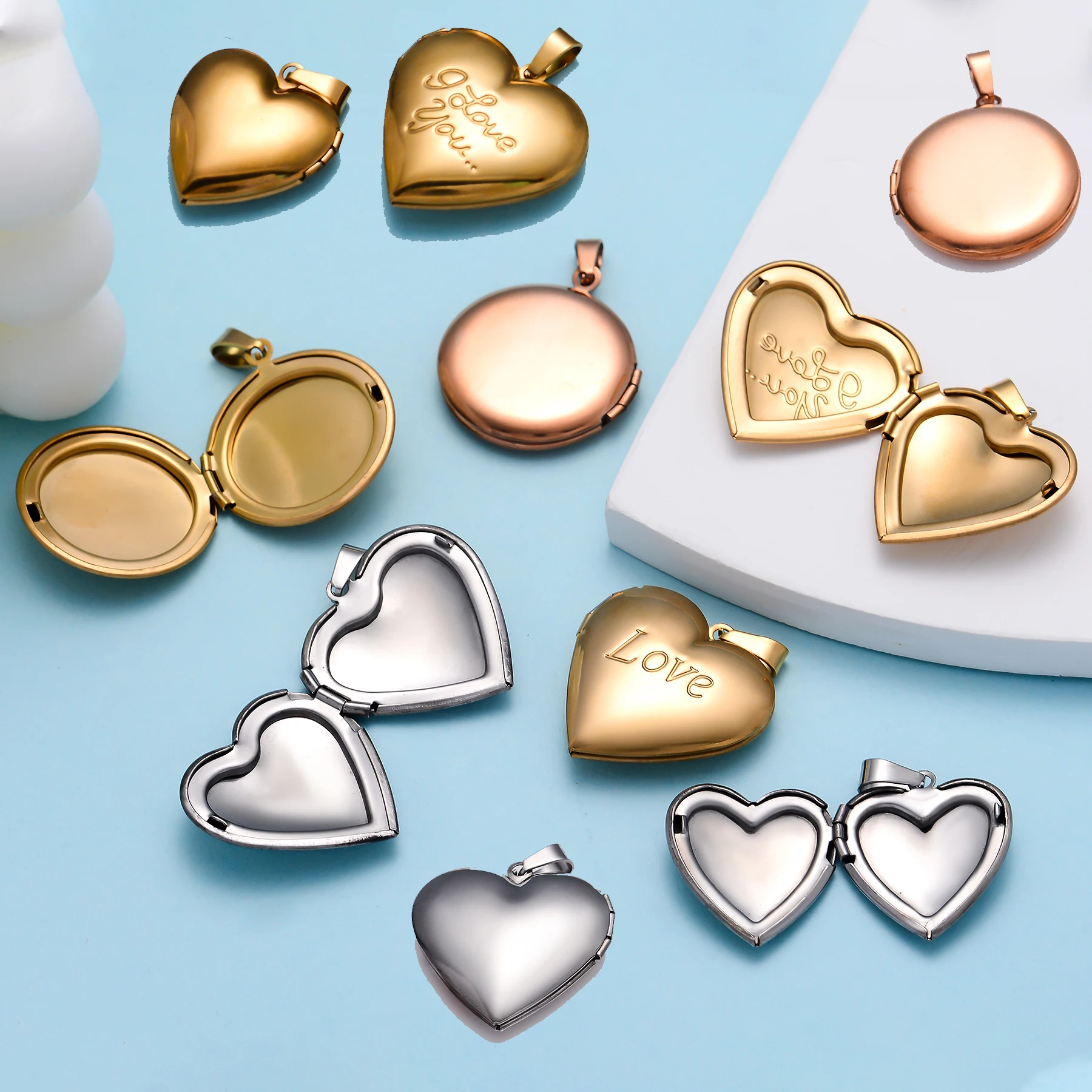 

5Pcs Stainless Steel Heart/Round Polish Photo Frame Locket Pendant Charms For Jewelry Making Supplies DIY Accessories