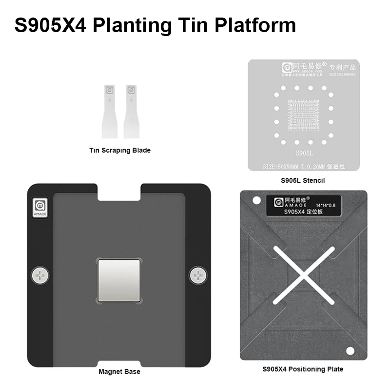 AMAOE S905X4 S905X Planting Tin Platform Set for S905L/905Z IC Strong Magnetic 0.20mm BGA Reballing Stencil Template