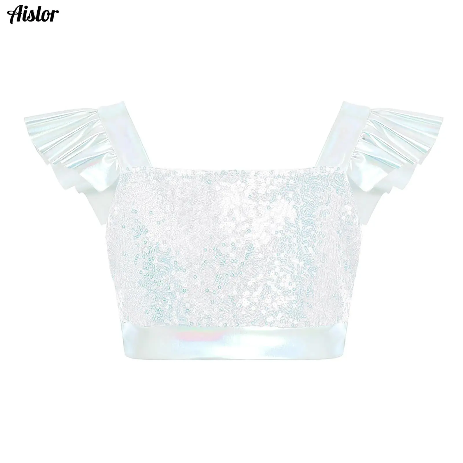 Kids Girls Jazz Dance Performance Tops Ruffled Sleeves Sparkling Sequin Metallic Crop Top for Ballet Gymnastics Skating Stage