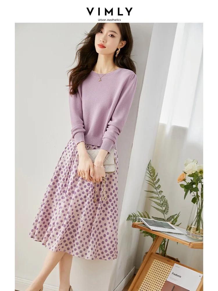 Vimly Korean Fashion Outfit Two Piece Skirt Sets for Women Spring 2023 New Purple Knit Sweater Polka Dot Skirts Clothes V7759