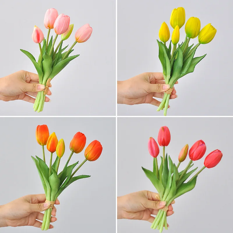 5pcs/Bouquet Mini New Silicone Tulip 25cm Artificial Flower Real Touch Fake Plant Bouquet for Wedding Decoration Home Garen