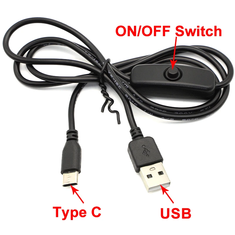 1m USB to Type-C Charging Cable With ON/OFF Switch Extension Cables Power Supply Cord For Raspberry Pi 4 Phone LED USB Fan etc