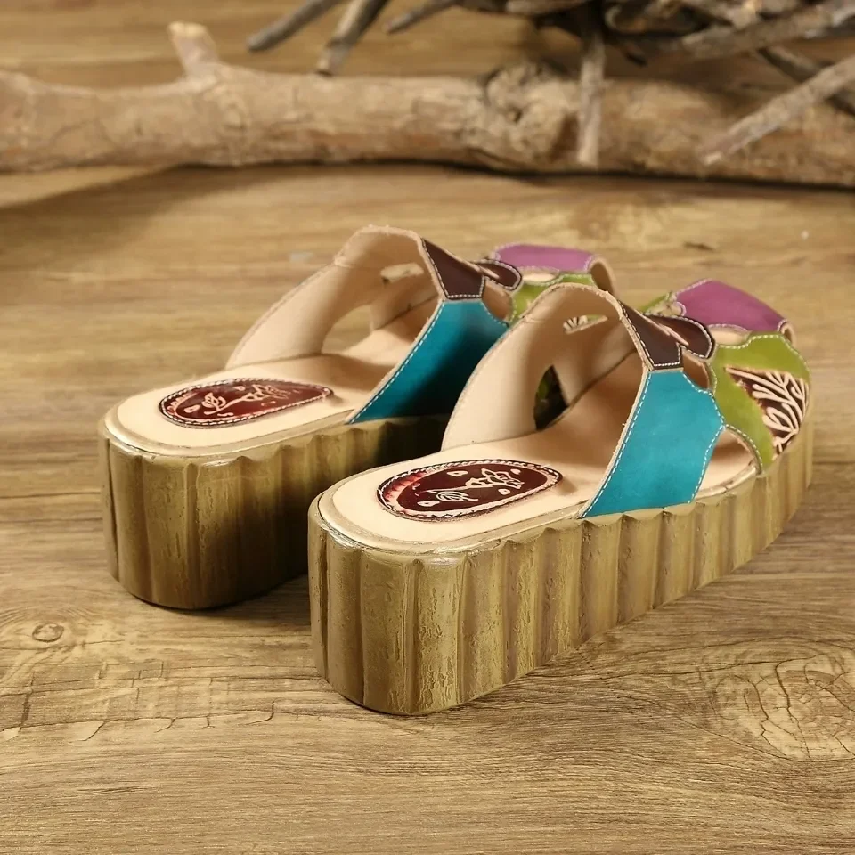 GKTINOO 2024 Wedge Slides Shoes Women Cover Toes High Heels Flower Sandals Summer Female Genuine Leather Platform Slippers