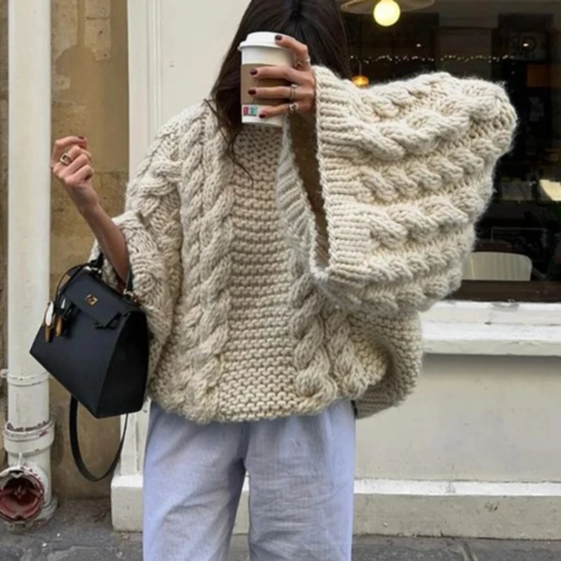 

Oversize Knit Pullover Women Casual Lazy Round Neck Kink Solid Sweater Female Autumn Winter Loose Sleeves Knitwear Lady