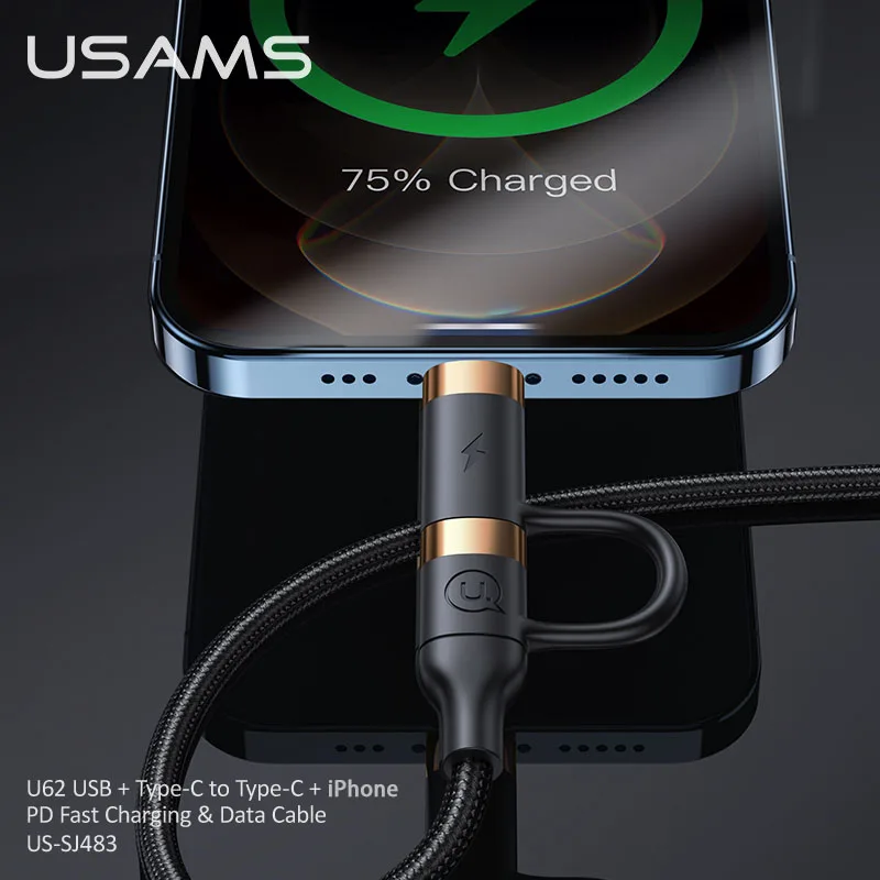 USAMS U62 4in1 60W PD USB C Cable For iphone 14 13 12 Pro Max USB To Type C To Type C Fast Charging For ipad Samsung Xiaomi