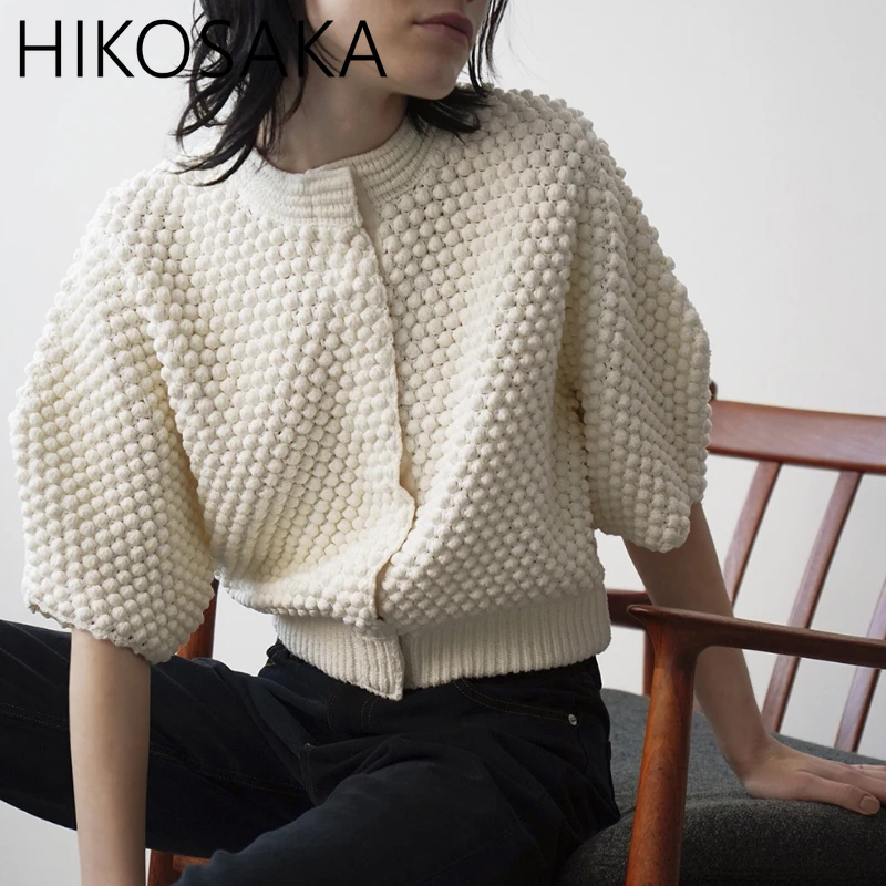 Japan Chic Three-dimensional Ball Cardigan Women O-neck Half Sleeve Loose Sweaters 2024 Early Autumn New Elegant Casual Jumpers