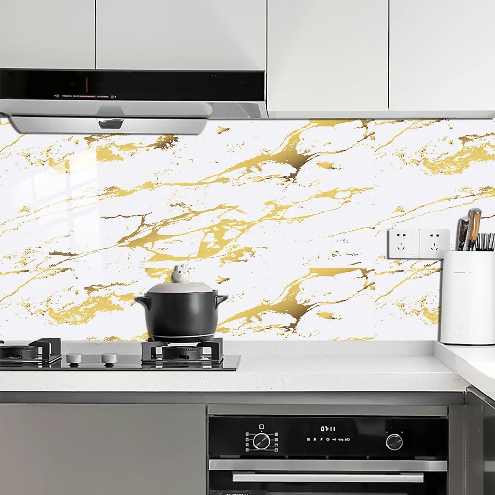 10pcs/set White Gold Tile Wall Sticker Waterpoof Removable Self-adhesive PVC Wallpaper Bathroom Kitchen Cabinet Floor Wall Decor