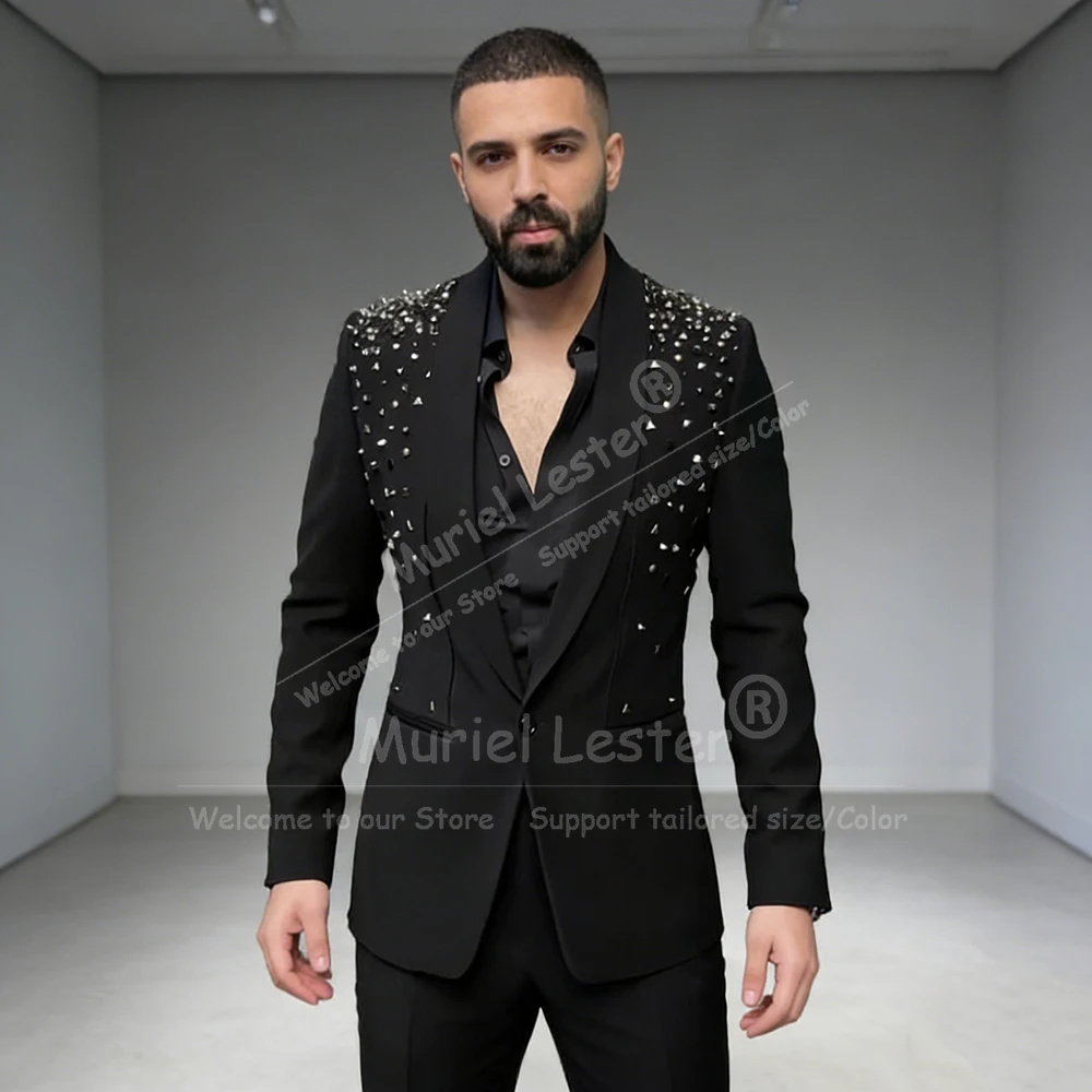 

Эксклюзивный мужской костюм с бисером и кристаллами для свадьбы, пиджаки с шалью и лацканами, наряд из двух предметов, смокинги для жениха, индивидуальные Terno Masculinos