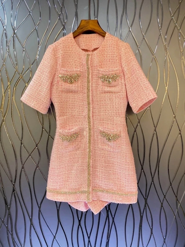 2024 new women's fashion short-sleeved round neck beaded slim-fitting wool celebrity pink dress