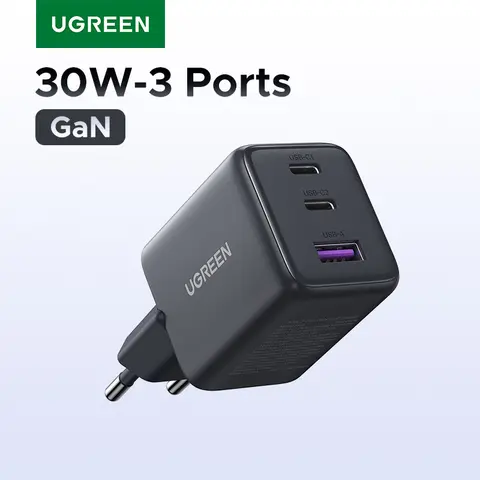 UGREEN Зарядное устройство GaN 30 Вт, 3 порта PD 3.0 USB C Зарядное устройство для iPhone 16 15 14 Pro Max Samsung S25 Xiaomi Зарядное устройство для планшета iPad Air Phone