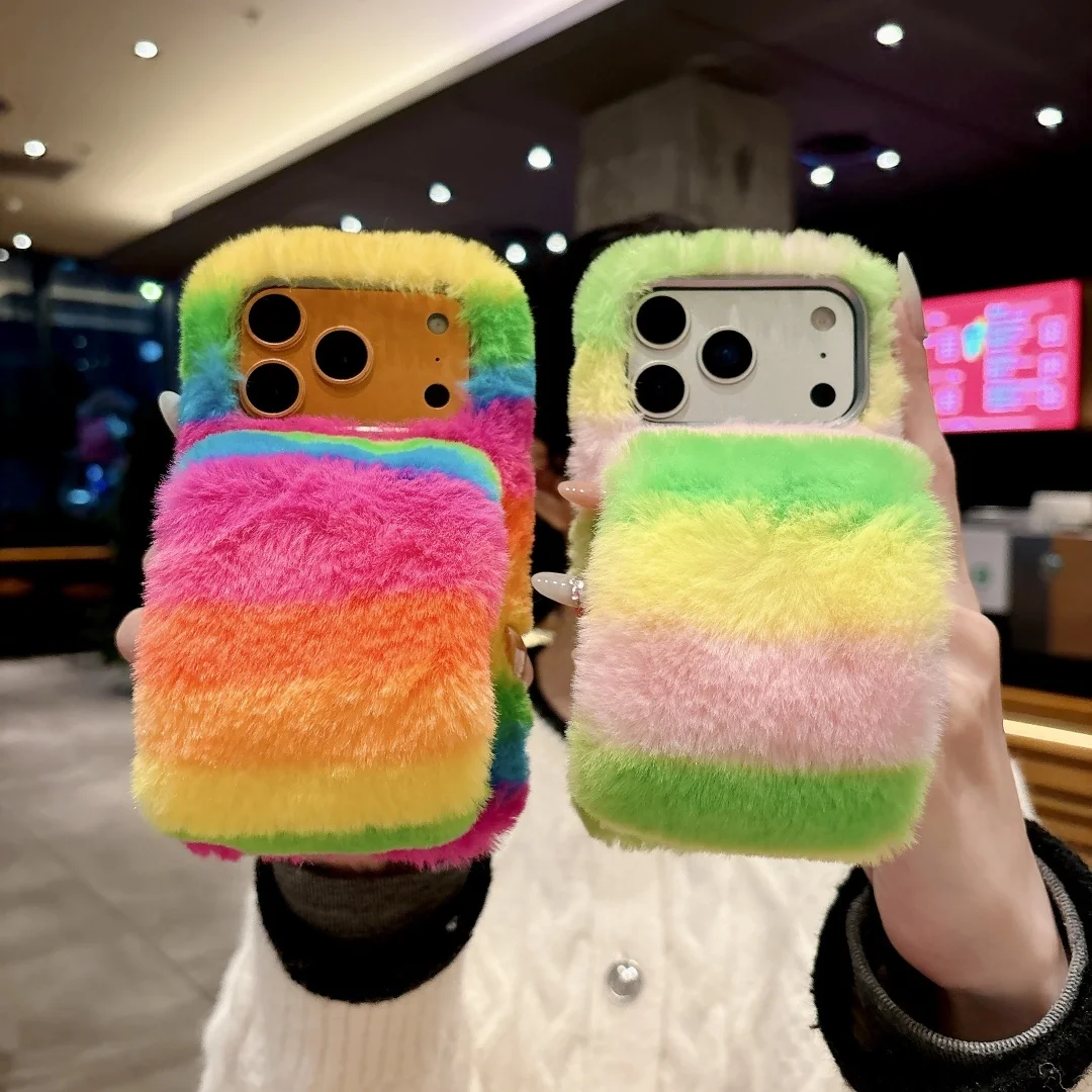 

Fashion Rainbow Plush color blocking Wrist strap Case For iPhone 17 16 15 14 13 12 11 Pro Max 7 8 Plus X XR Max XS Case