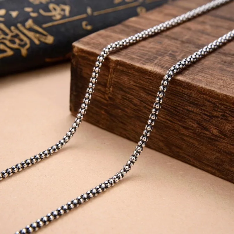 

Real Solid 925 Sterling Silver Chain Lucky Men 3mm Mantra Popcorn Necklace 50cm/8-9g