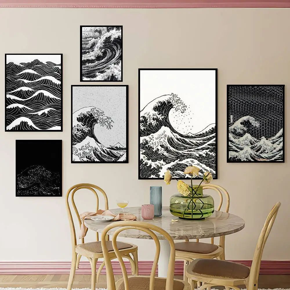 Black White Japanese Ocean Wave Poster, Vintage Ukiyo-e Style Sea Waves Wall Art Print Living Room Bedroom Decor Unframed