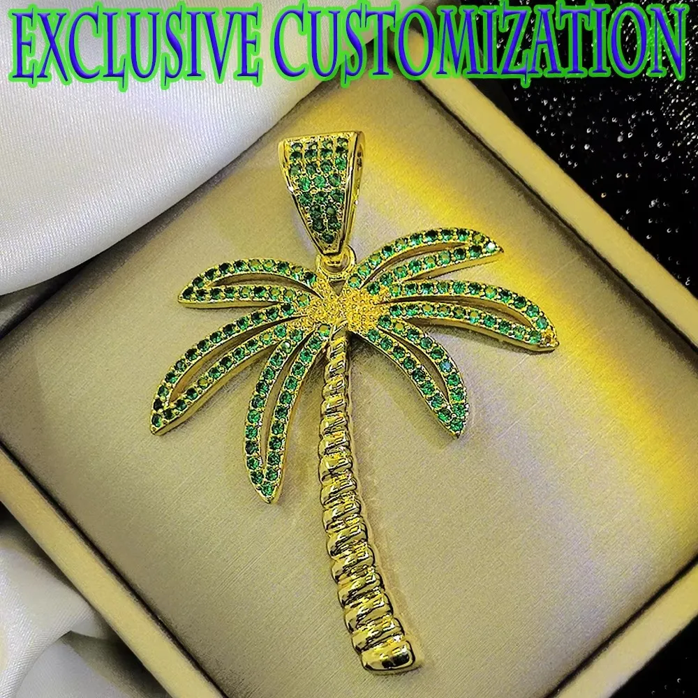 Premium custom hip-hop gold necklace. Green Diamond Coconut Tree Pendant, 18K Gold Plated Classical Craft, New Trend