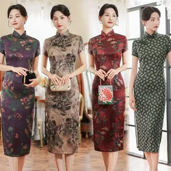 Long Qipao New Chinese Dresses Elegant Cheongsams Women Dress Sexy Print Floral Vestidos Silk Satin Qipaos Improved Gown