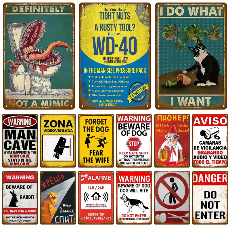 Bar Warning Tin Signs Vintage Metal Sign Poster Plate Wall Decor Garage Cafe Plaque Notice 24 Hour Security Camera Warn Plate