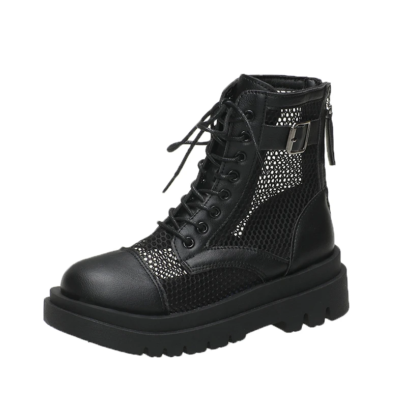 Sommerstiefel für Damen, Mesh-Kühlstiefel, klobige Plateau-Sandalen im britischen Stil mit Schnallenriemen, römische Sandalen für Damen in großen Größen