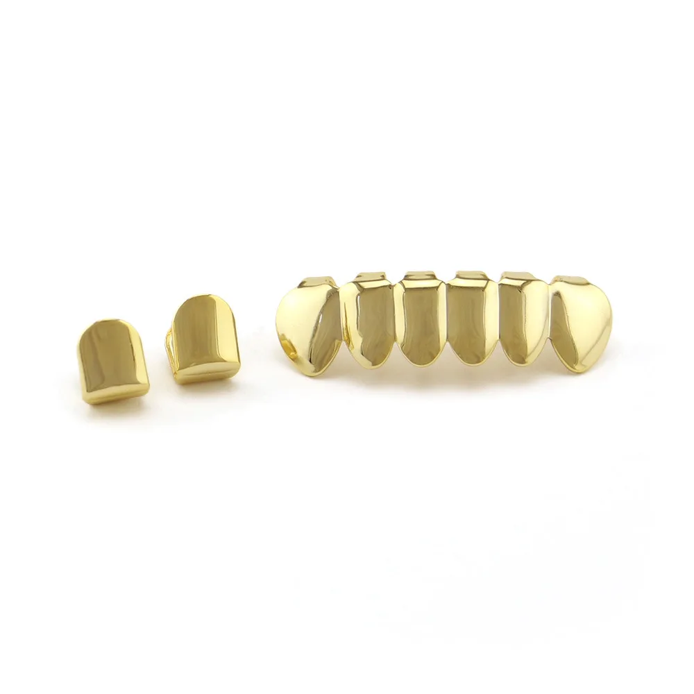 18k Gold Plated Top 2 Lower 6 Teeth Hip Hop Teeth Cover Smooth Gold for Men and Women Halloween Vampire Teeth