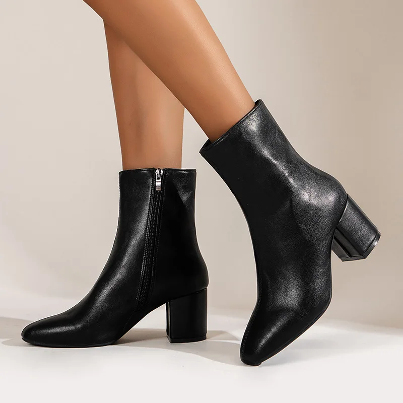 White Ankle Boots for Women 2025 Side Zipper Stretch Middle Heel Large Size Short Boot Fashion Pointed Shoes Botas De Mujer