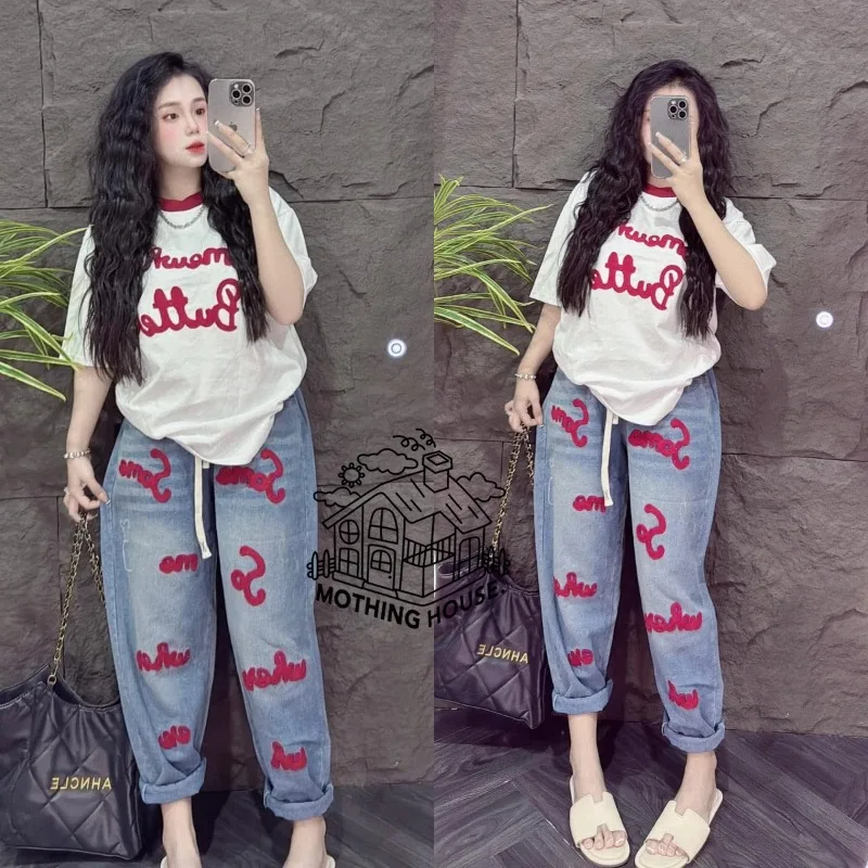 Retro Fashion Suit Women's Summer New Letter Printing Short-sleeved Milk Silk Wide-leg Pants Two-piece Set view 2