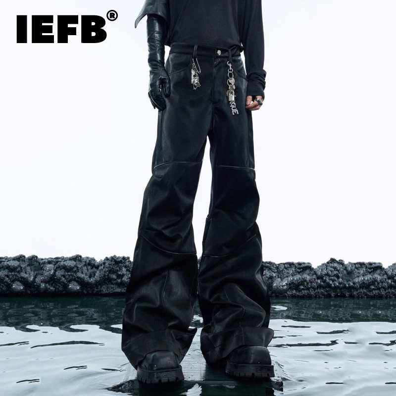 IEFB Pu Leather Pants Men Straight Wide Leg Trousers Side Three-dimensional Spine Creasing Design 2025 Spring Male 24E5172