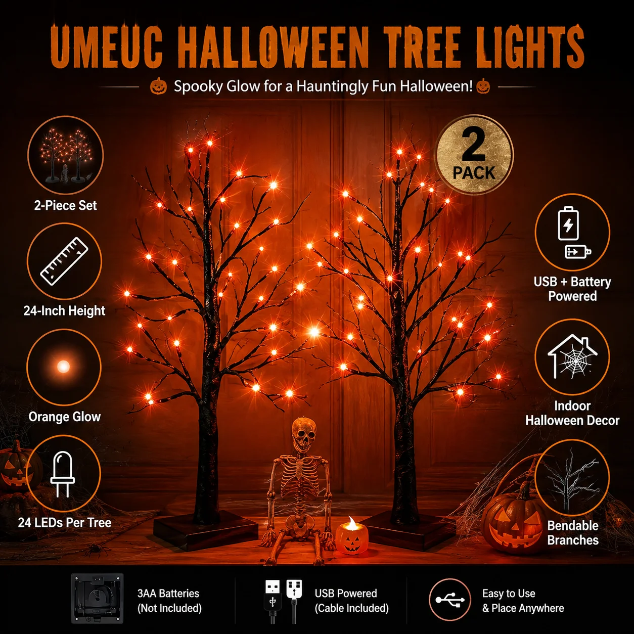 Halloween Tree Lights, 2 Pack LED Orange Purple Halloween Decor 2 Pack Halloween Tree Lights with 48 LEDs, Orange & Purple Glow, USB and Battery Powered for Indoor Halloween Decorations