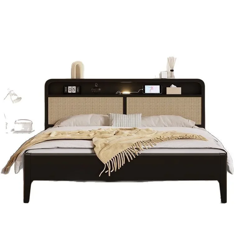 Nordic retro solid wood bed black rattan bed 1.5 meters 1.8 French retro homestay wabi sabi wind master bedroom double bed