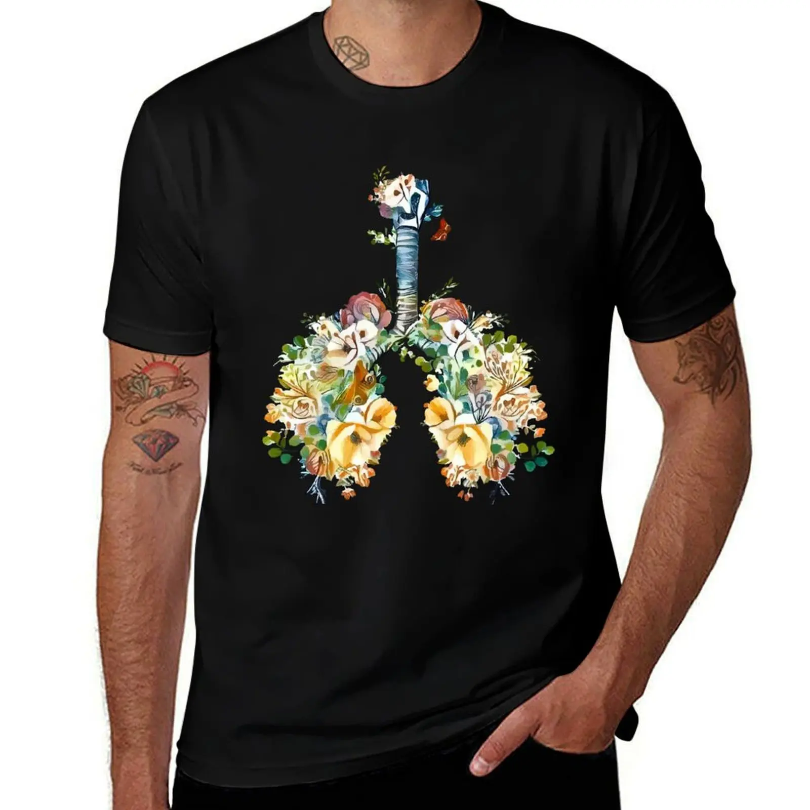 Lungs with wild flowers watercolor shades of jellow, green and sand T-Shirt Soft Touch Basic Cotton T-Shirt