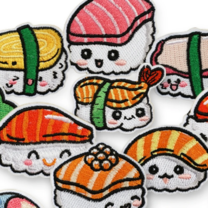 16 Stück Sushi-Essen-Aufnäher zum Aufbügeln für Kleidung, Lachs, Kinder, bestickte Aufkleber, Stoffaufnäher, Cartoon-Motive, Jacken, Nähen, DIY – Detail 5