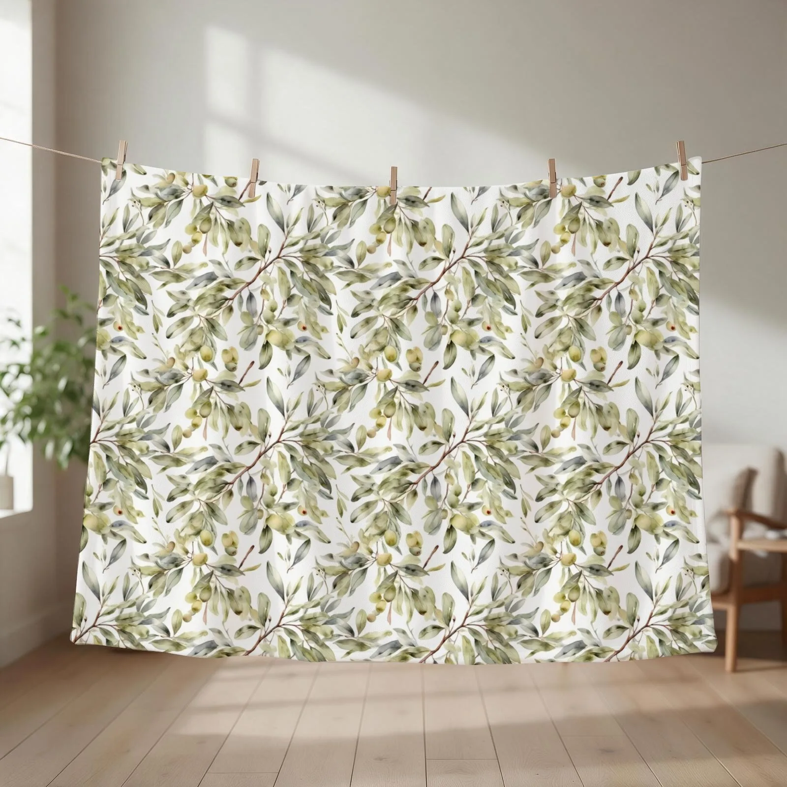 Watercolor Olive Branch Pattern Throw Blanket couch cozy soft plush fuzzy picnic outdoor blanket