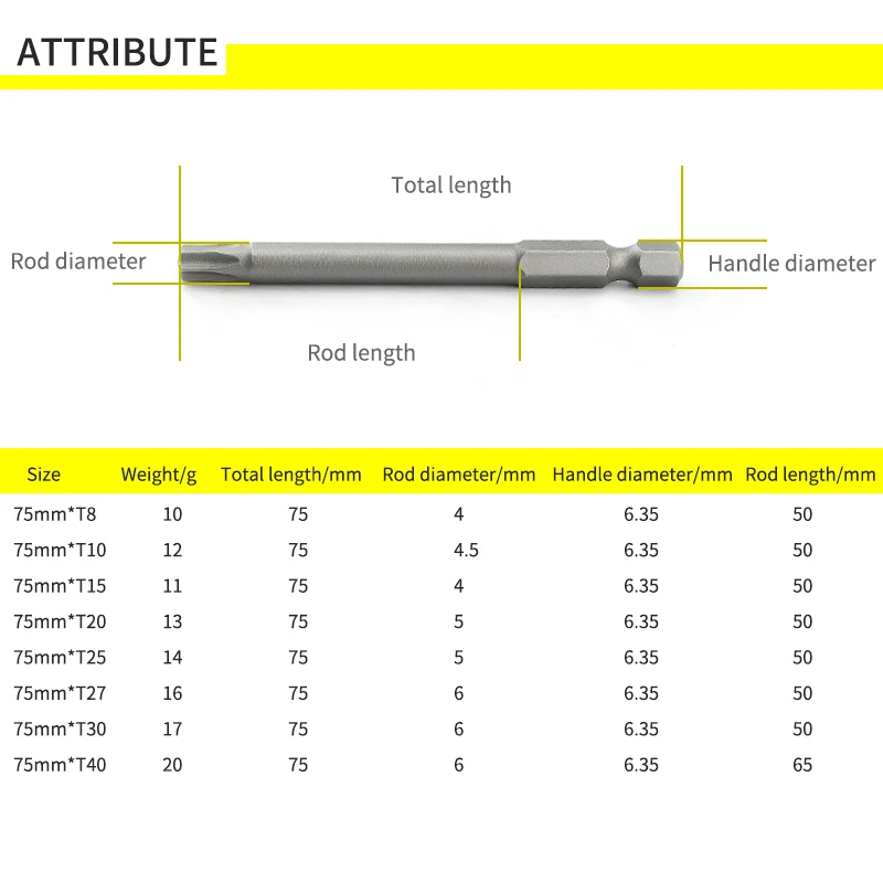 75mm Length Plum Magnetic Screw Driver Bits Sets Torx Electric Screwdriver Drill Wind Torx Head T8-T40 1/4\