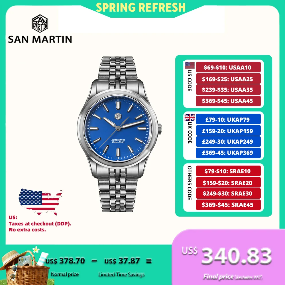 

San Martin 39mm Miyota 90S5 Enamel Dial GADA Wristwatch Automatic Mechanical Sapphire BGW-X1 10Bar 5-Link Bracelet SN0144CG-7