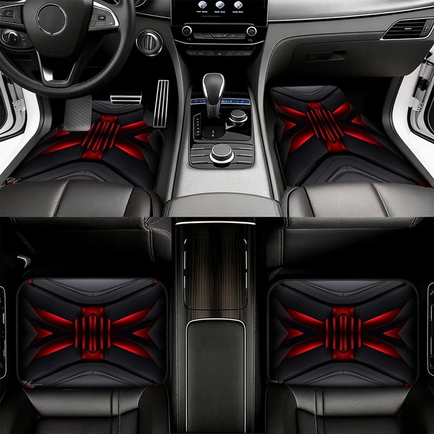 4pcs Car Floor Mats, Futuristic Geometric Red Black Design, Material, Sleek Modern Aesthetic, Universal For Car Interiors, Dynam